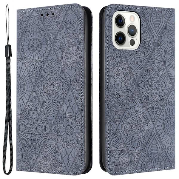 Wallet Case til iPhone 15 Pro Max PU Læder Retro Blomsterpræget Stand Telefon Cover Grey