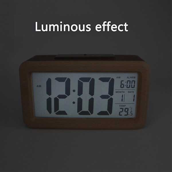 Digitalt LCD Vækkeur i Træ med Smart Sensor Natlys, Snooze, Dato, Temperatur og 12/24 timers skift Solid Wood Color