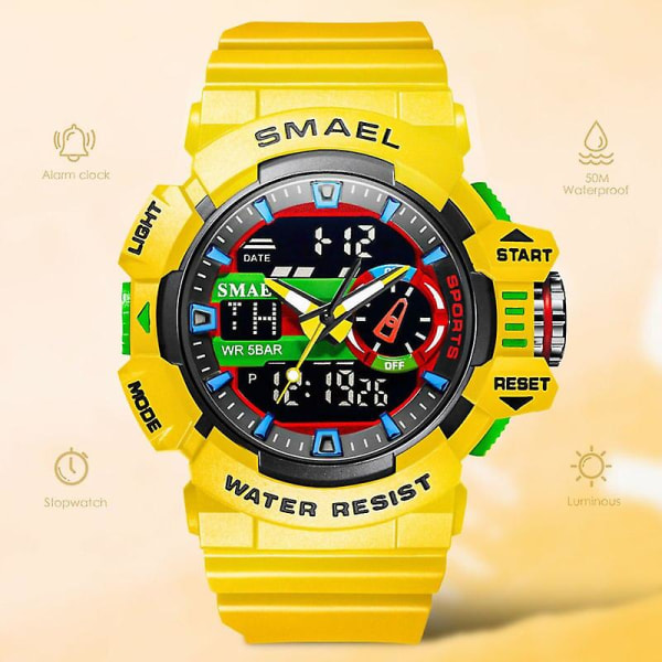 Smael Yellow Sport Elektroniska Digial Klockor Herr Väckarklocka Dual Time Watch Relogio Masculino Reloj Hombre Montre White-Box