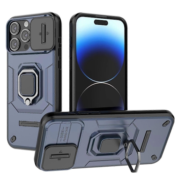 Repskyddsskal för iPhone 14 Pro, PC+TPU Telefonfodral Skjutbart Linsskydd Ställ Baksida Multicolor Style E