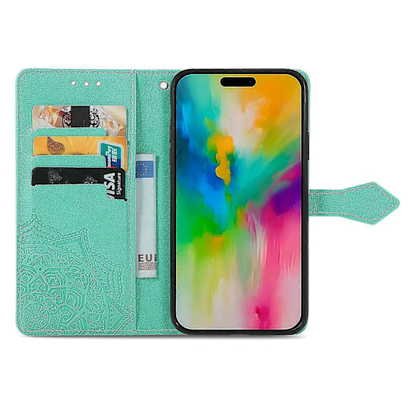 Til iPhone 16 Pro Max Wallet Case Mandala Blomst Læder Telefon Cover Stand View- Multicolor Green