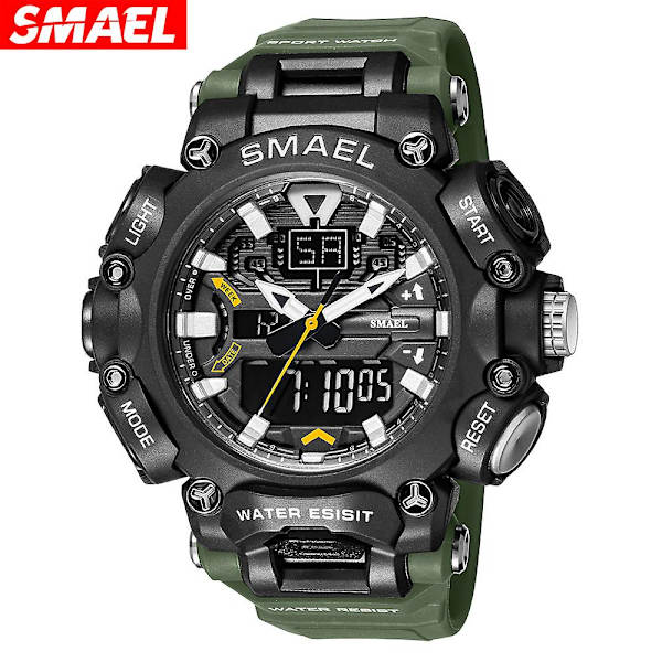 Smael Watch Herr Digital Quartz Double Display Klockor Ungdom Militär Herr Vattentät stoppur Väckarklocka Man Cool Hour ArmyGreen