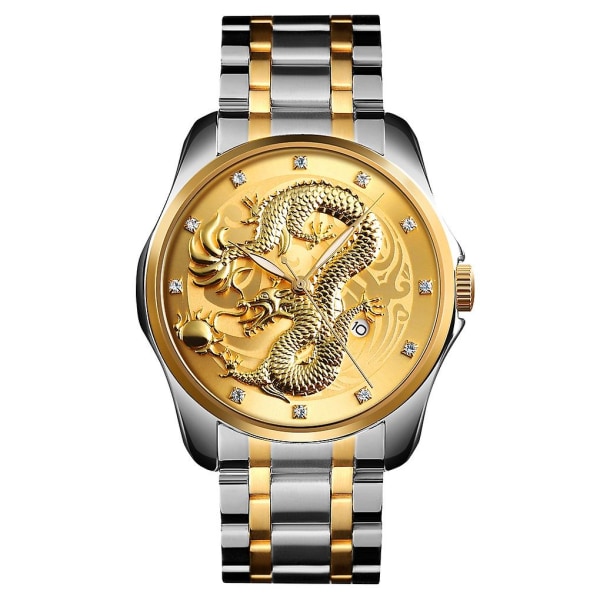 Skmei 9193 Men Golden Dragon Pattern Dial Quartz Watch Silver Gold Silver gold