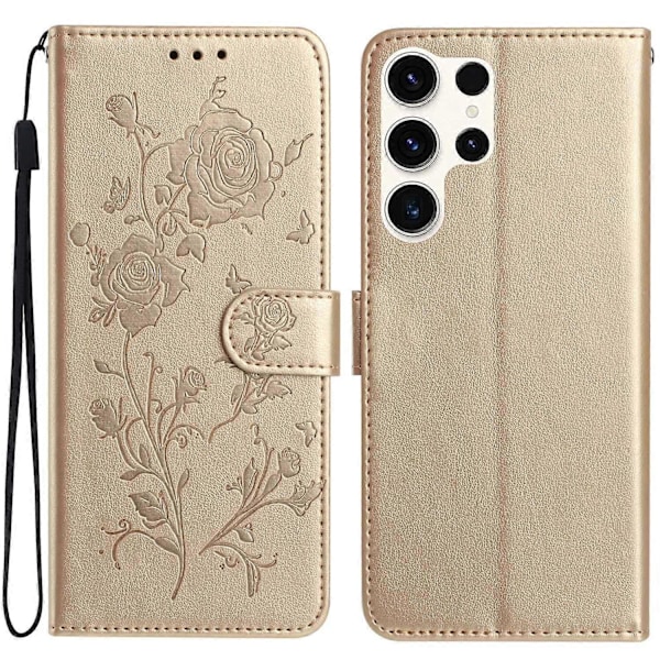 Plånboksfodral för Samsung Galaxy S24 Ultra Rosmönster Präglat Läder Flip Ställ Telefonskal Multicolor Gold