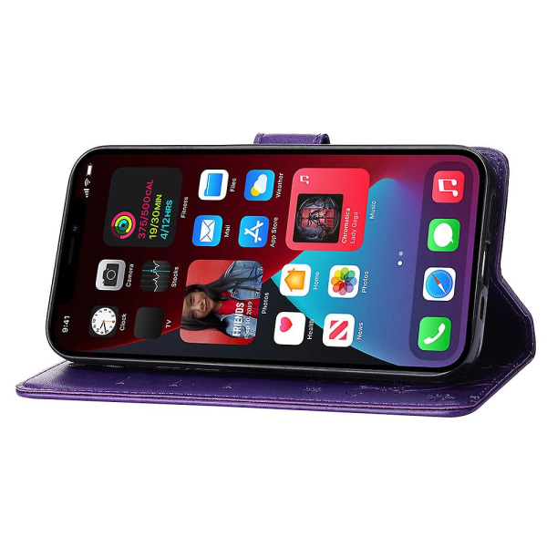 För Iphone 15 Plus Pu Läder Cover Phone case Imprinted Butterflies Shell Stand with rem Dark Purple