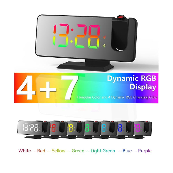 Projektionsvækkeur til soveværelse, LED-display loft digitalt radiovækkeur med USB-oplader Black