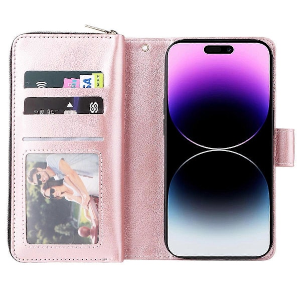 Til iPhone 15 Pro Max Telefon Stand Case Shell Lynlåslomme TPU+PU Læder Kort Slots Pung Multicolor Rose Gold