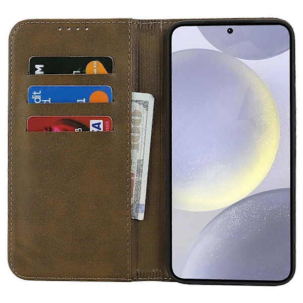 Til Samsung Galaxy S25 Etui PU Læder Kalvepræget Magnetisk Lukning Smartphone Cover - Mørkebrun Multicolor Dark Green