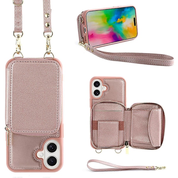Til iPhone 16 Plus Cover RFID Blokerende Lynlås Pung Læder Telefon Cover med Stropper- Multicolor Rose Gold