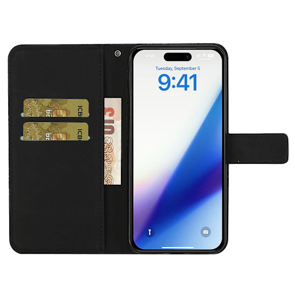 Læder Wallet Case til iPhone 15 Pro, Præget Blomster Folio Flip Stand Telefon Cover Black