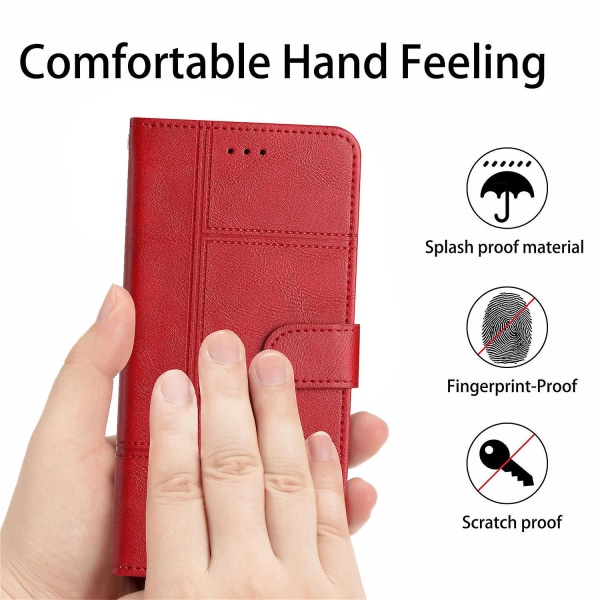 Læder Wallet Case til iPhone 15, Linje Præget Ko Læder Tekstur Stand Telefon Cover Red