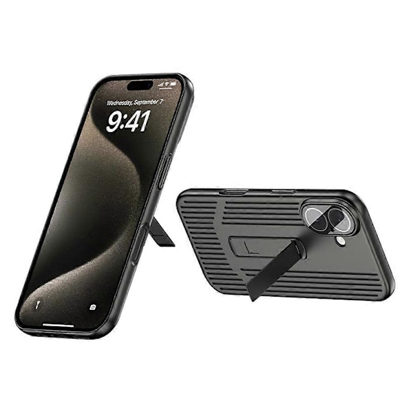 Til iPhone 16 Plus Cover Varmeafledning Støtteben PC Telefon Cover Indbygget Glas Linse Film Multicolor Black
