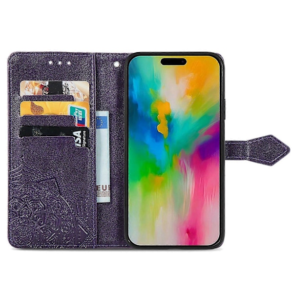 Til iPhone 16 Pro Max Wallet Case Mandala Blomst Læder Telefon Cover Stativ View-Grøn Multicolor Purple