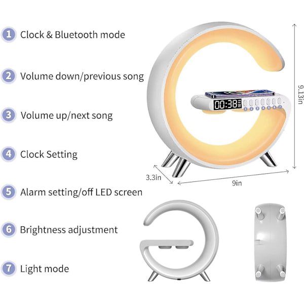 Smart Sound Machine Wake Up Light Väckarklockor Smart Bordslampa Kontroll Med App, 15W Snabb Trådlös Laddare Med Bluetooth Audio Väckarklocka För Vuxna