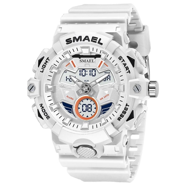 Smael Digital And Quartz Movement Män Sport Klockor Led Light Multifunktion Chrono Date Vattentät Analog Elektronisk Armbandsur White