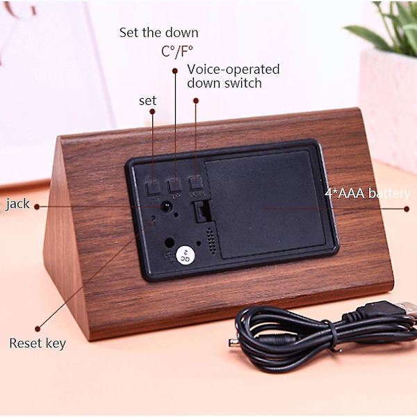 Led Creative Digital Wood Clock Temperatur Perpetual Calendar Uppladdningsbar röstklocka