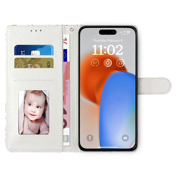 For iPhone 15 Pro Stativ Telefondeksel Mønstertrykk PU Lær Lommebokdeksel med Stropp Multicolor Style I