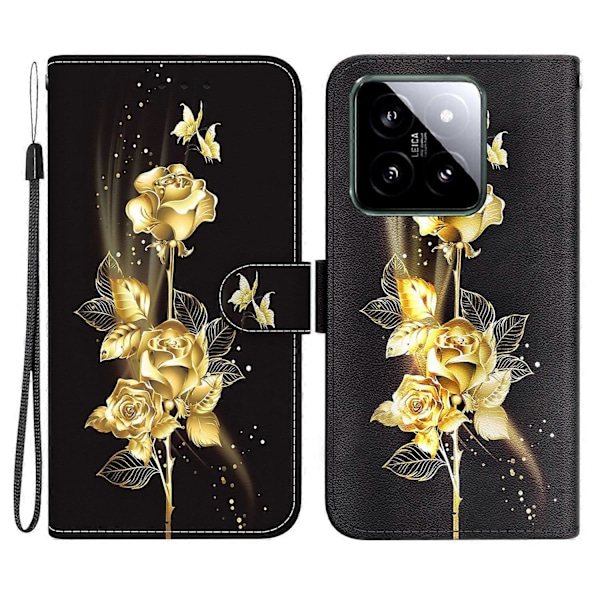 Til Xiaomi 14 Telefon Cover Mønster Print Pung Læder Cover Multicolor Gold Butterfly Rose