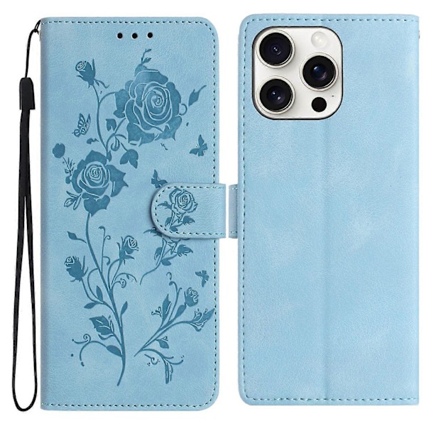 Plånboksfodral för iPhone 16 Pro Rosmönster Präglat Läder Flip Ställ Telefonskal Multicolor Sky Blue