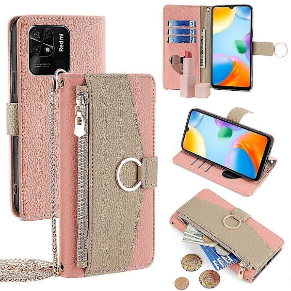 Læder Makeup Telefon Cover Wallet Stand med Lang Rem til Xiaomi Redmi 10C 4G