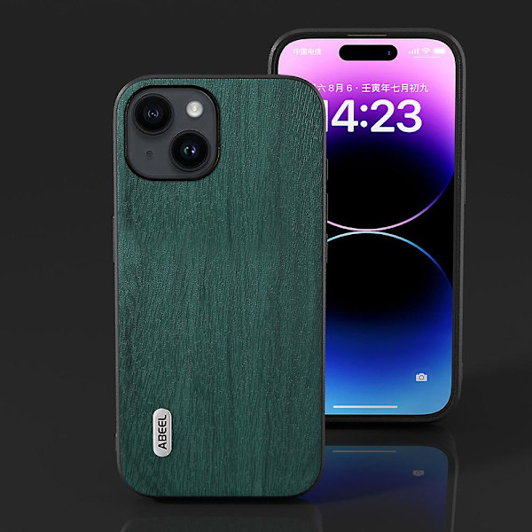 Phone case för Iphone 15 Plus, Wood Texture Pu-läderbelagd Pc+tpu cover Green