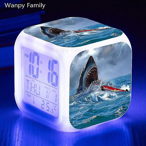 Shark Alarm Clock 7-färgad glödande digitala klockor Barn Baby Sovrum Multifunktion Små nattljus B Gold
