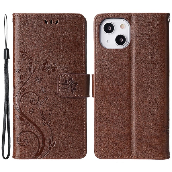 För Iphone 15 Plus Pu Läder Cover Phone case Imprinted Butterflies Shell Stand with rem Brown