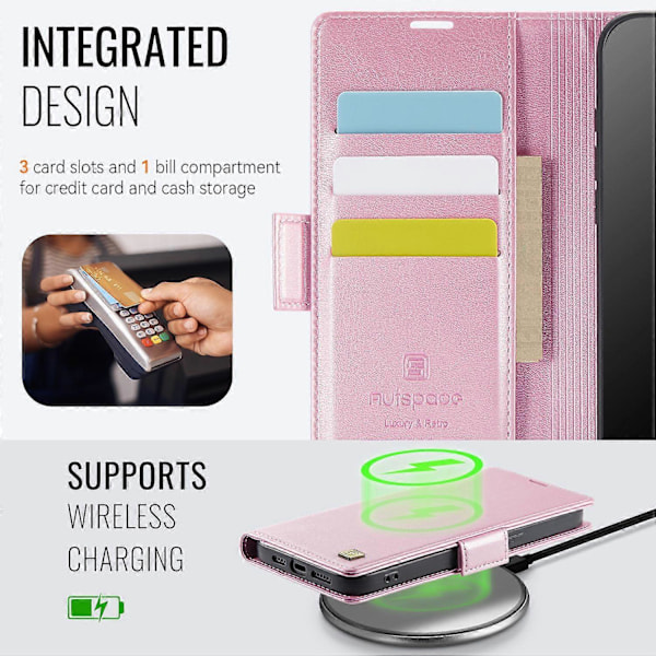 iPhone 14 -kotelo AUTSPACE A11 RFID-suojattu retro nahkainen matkapuhelinlompakkokotelo - Musta Multicolor Pink