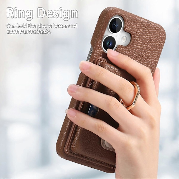Y2 Fodral till iPhone 16 med Ringhållare, Ställ, Kortfack, Läder Skal - Date Apricot Multicolor Brown