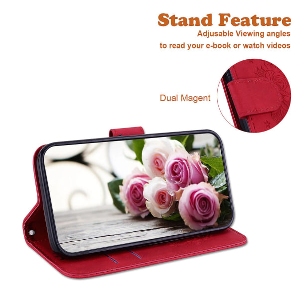 För Samsung Galaxy S23 Fe Stötsäkert case Rose Imprinted Läderställ Cover Red