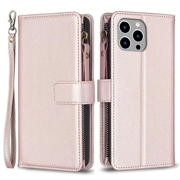 BF Style-19 För iPhone 15 Pro Max PU Läder Telefonfodral Flip Plånbok Ställ Skydd med Dragkedjeficka Multicolor Style E