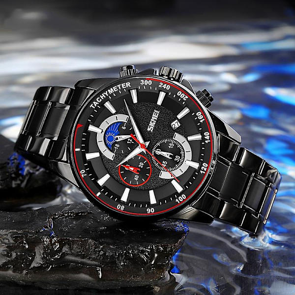 Skmei 9250 Herre Månfase Stopur Dato Quartz Ur Silver Black