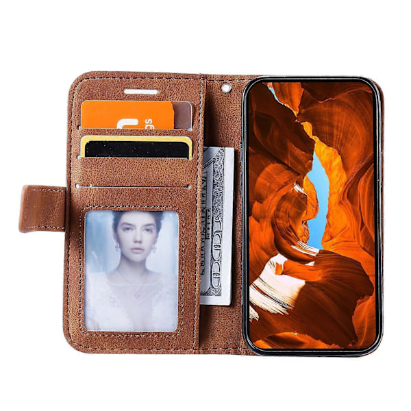 Plånboksfodral för iPhone 14 med skarvat läder, stativ och handrem Multicolor Style D