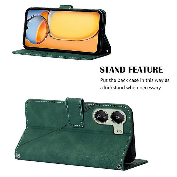 Læder Wallet Case med skulderrem til Xiaomi Redmi 13C 4G/13C 5G/13R 5G/Poco M6 5G/Poco C65 4G Multicolor Blackish Green
