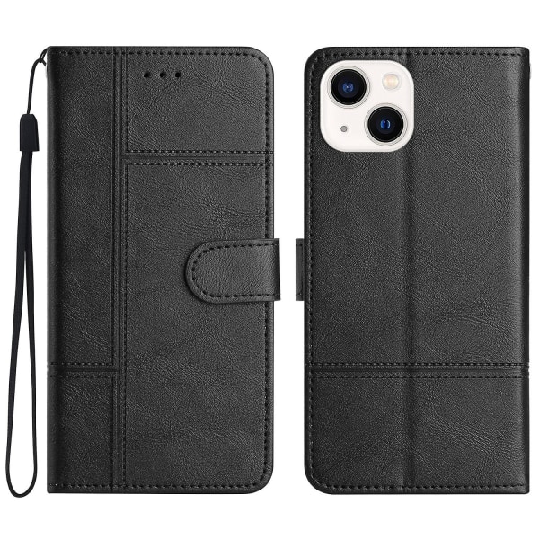 Læder Wallet Case til iPhone 15, Linje Præget Ko Læder Tekstur Stand Telefon Cover Black
