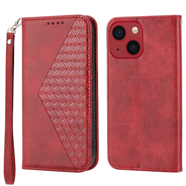 För Iphone 14 anti-scratch Kalv Texture Magnetisk Plånbok Pu Case Imprinted Rhombus Mönster Stand Cover med rem Red