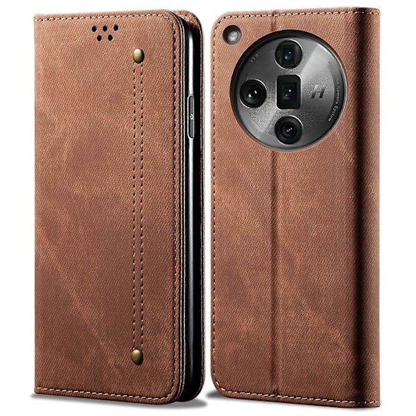 Jeansstof tekstur telefoncover i PU-læder med stativ til Oppo Find X7 5G Multicolor Coffee