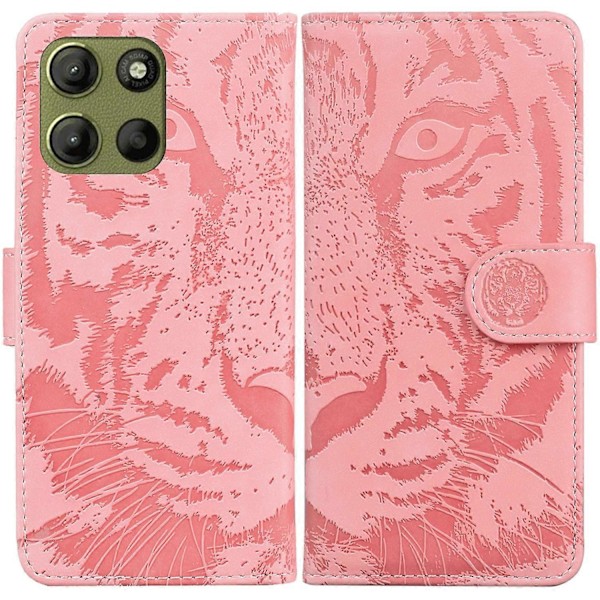 Til Motorola Moto G15 4G Etui Tiger Præget Læder Wallet Telefon Cover Multicolor Pink