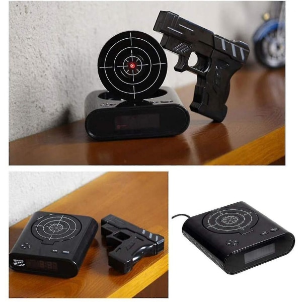 Target Wake Up Alarm Clock, Creative Gun Shooting Alarm Personlig 12-timmars digital display för tunga sovplatser, Nyhetspresent för pojkar, flickor (svart