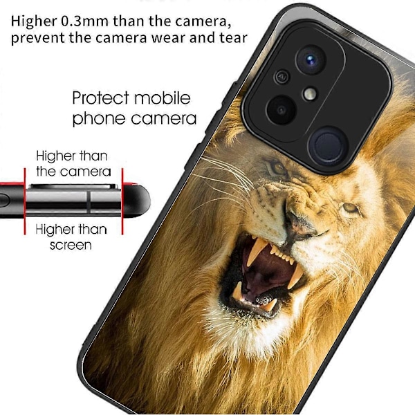 Telefoncover til Xiaomi Redmi 12C 4G, resistent TPU+hærdet glas, mønsterdesign Multicolor Lion