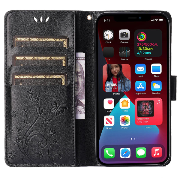 För Iphone 15 Plus Pu Läder Cover Phone case Imprinted Butterflies Shell Stand with rem Black