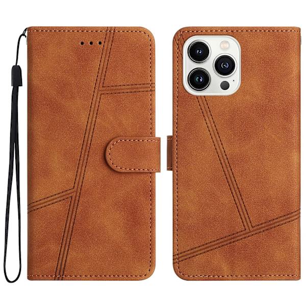 Retro PU læder wallet cover til Iphone 15 Pro - Hudvenlige linjer præget telefoncover med stativ Brown