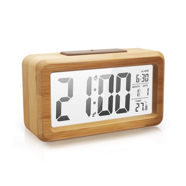 Digitalt Vækkeur i Træ, Stort LED-display, 12/24 Timers Visning, Smart Sensor Natlys