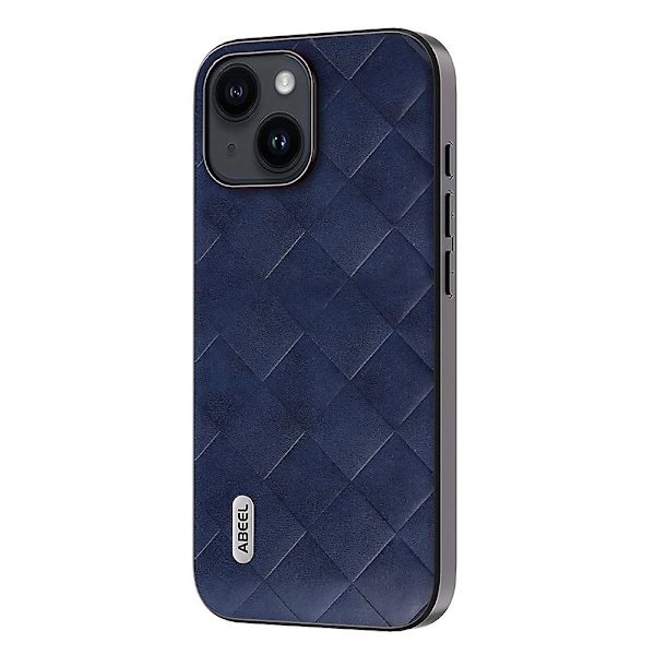 För Iphone 15 Plus Pu Läderbelagd Pc+tpu Phone case Grid Texture Cover Blue