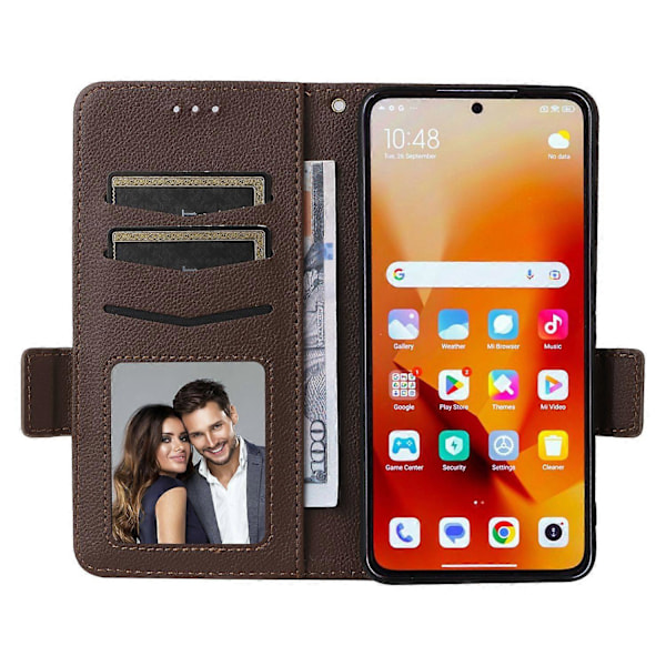 Til Xiaomi 14T Etui Litchi Tekstur PU Læder Wallet Flip Telefon Cover - Grå Multicolor Brown