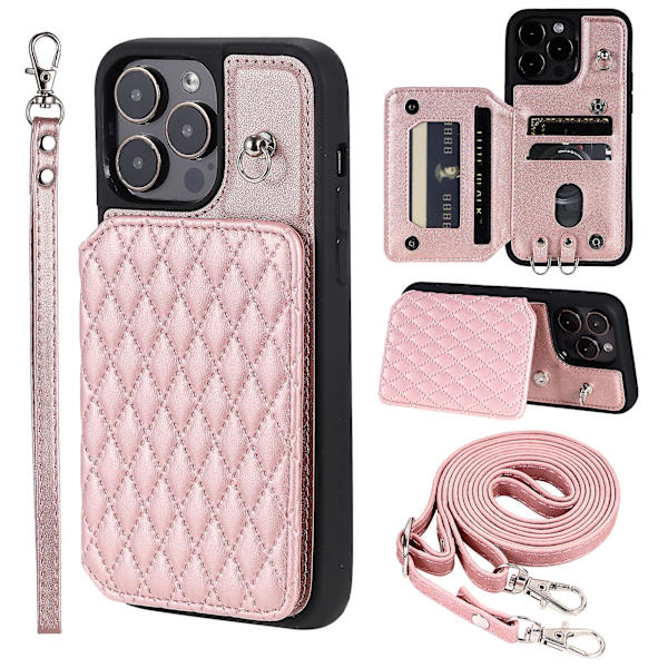 Stötsäkert case för Iphone 15 Pro Rfid Blockering anti-scratch Pu+tpu cover med remmar Rose Gold