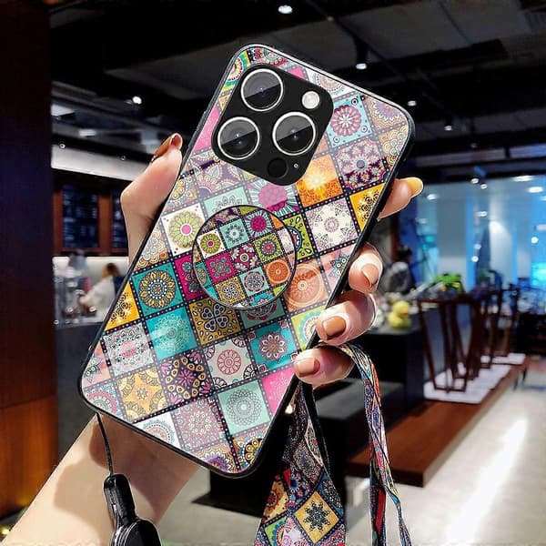 Deksel til iPhone 16 Pro Max med stativ, etnisk mønster, herdet glass og stropp Multicolor Checkered Pattern