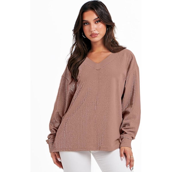 Dam långärmad skjorta V-ringad off-shulder Oversized stickad tröja lös hög låg höst tunika toppar Deep Apricot Large