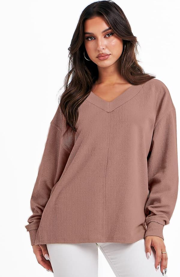 Dame Langærmet Skjorte V-hals Off Shoulder Oversized Strikket Pullover Sweatshirt Løs High Low Efterårs Tunika Toppe Deep Apricot Medium