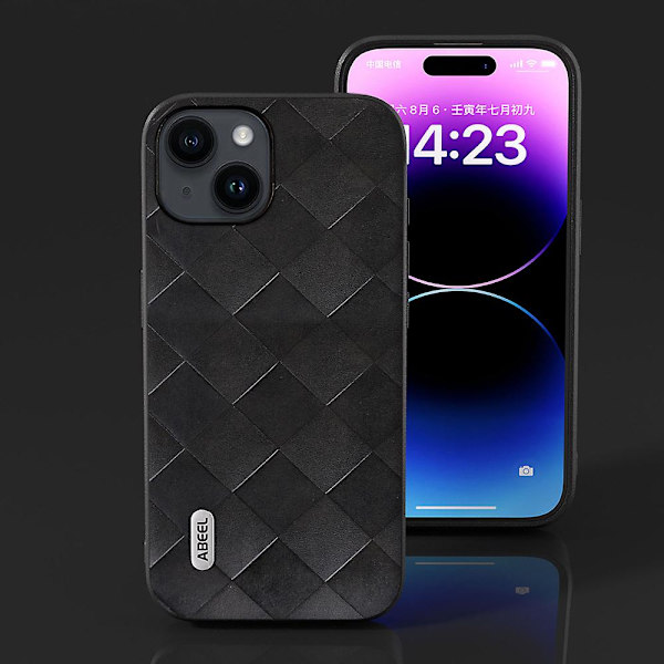 För Iphone 15 Plus Pu Läderbelagd Pc+tpu Phone case Grid Texture Cover Black